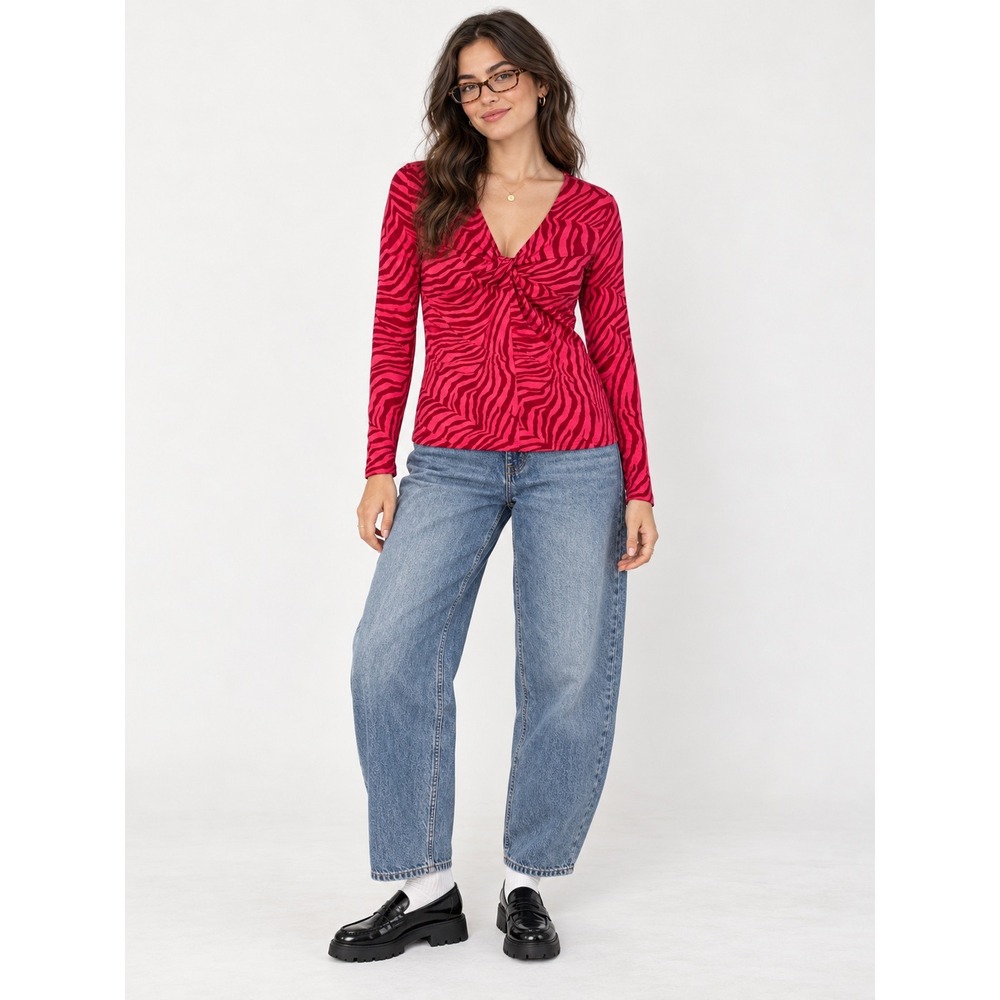 Cabi Red Pink Zebra Print Twist Front V-Neck Long Sleeve Top Size M